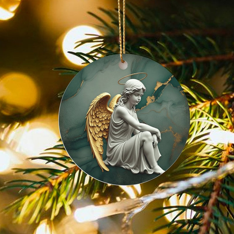 Gold Wing Halo Marble Ornament, Sitting Angel Ceramic Ornament, Religious Christmas Tree Decor, Christian Holiday Keepsake Present