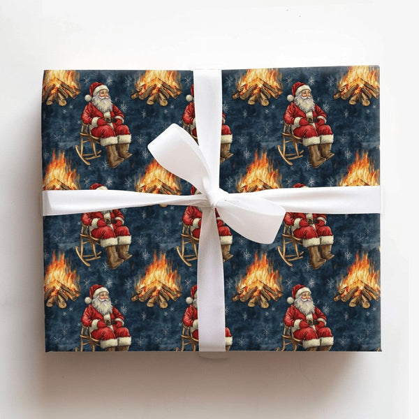 Rustic Christmas Gift Wrap, Campfire Santa Wrapping Paper, Rocking Chair Santa Wrapping Paper Roll, Comfy Winter Gift Wrap