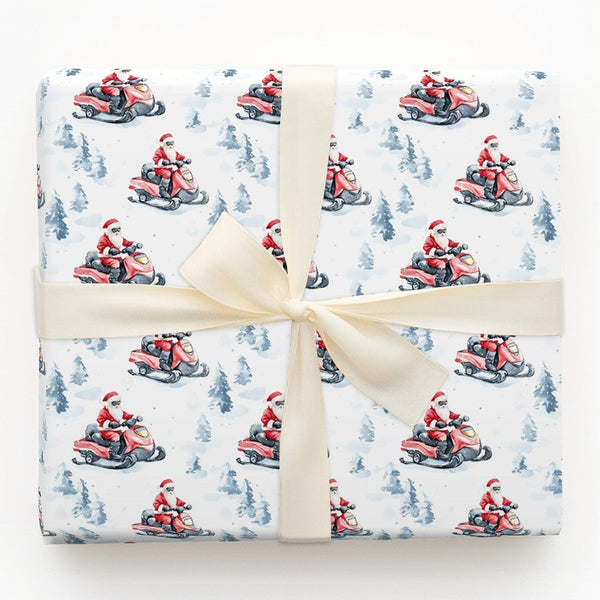 Watercolor Winter Forest Gift Wrap Paper, Santa Snowmobile Christmas Wrapping Paper, Snowmobile Holiday Wrapping Paper, Xmas 