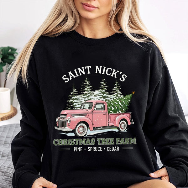 Vintage Pink Truck Sweatshirt, Saint Nicks Christmas Tree Farm Sweatshirt, Comfy Holiday Sweatshirt, Christmas Tree Farm Swea