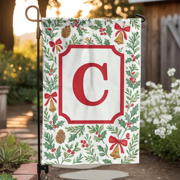 Monogram Initial Holly Bells Flag, Personalized Christmas Garden Flag, Custom Holiday Yard Flag, Winter Lawn Banner, Xmas Por