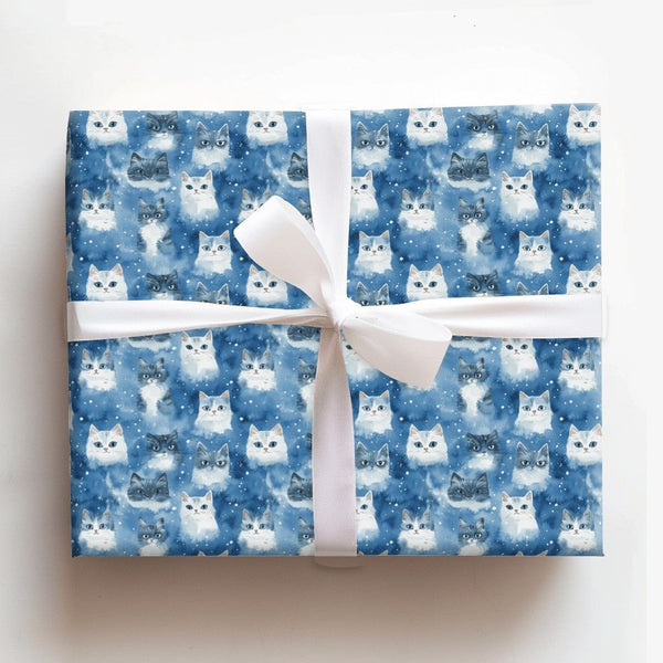 Snowy Blue Kitten Holiday Gift Wrap, Watercolor Winter Cat Wrapping Paper, Adorable Pet Lover Wrapping Paper, Comfy Christmas