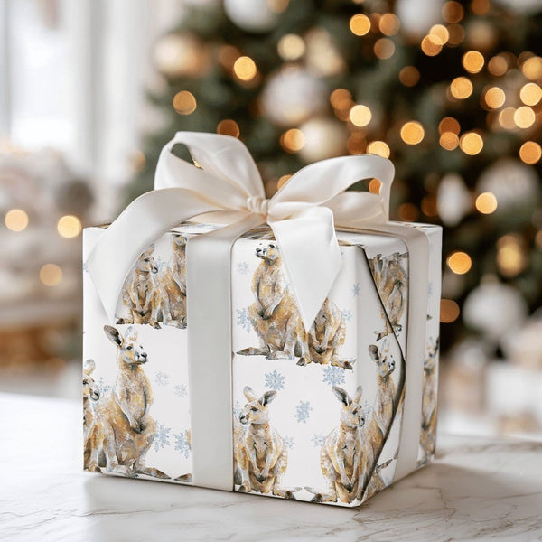 Joey Snowflakes Gift Wrap, Watercolor Kangaroo Christmas Wrapping Paper, Australian Animal Holiday Paper, Adorable Winter Hol