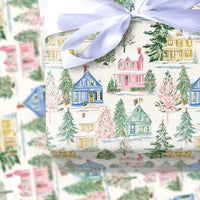 Winter Village Holiday Gift Wrap, Watercolor Christmas Wrapping Paper, Festive Xmas Gift Wrap Paper, Seasonal Present Wrapping Paper