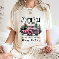 Vintage Pink Truck Christmas Shirt, North Pole Tree Farm T-Shirt, Retro Holiday Graphic Tee, Adorable Farmhouse Winter T-Shirt, Present for Her