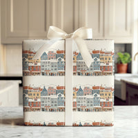 Snowy European Market Gift Wrap, Christmas Village Wrapping Paper, Holiday Town Square Wrapping Paper, Festive Winter Street Gift Wrap