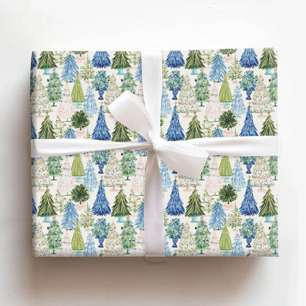 Blue Green Holiday Gift Wrap, Watercolor Christmas Tree Wrapping Paper, Festive Trees Wrapping Paper, Winter Woodland Forest 