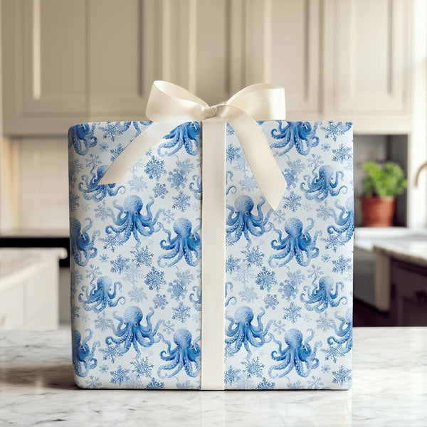 Coastal Christmas Wrapping Paper, Blue Octopus Wrapping Paper, Watercolor Snowflake Holiday Wrapping Paper, Ocean Lover Gift 
