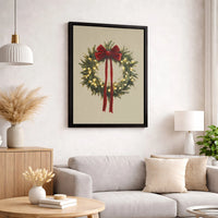 Illuminated Holiday Canvas Wall Art, Christmas Wreath Canvas Print, Red Bow Winter Canvas Decor, Festive Xmas Painting