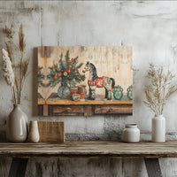 Vintage Folk Art Holiday Canvas Wall Art, Dala Horse Christmas Canvas Print, Scandinavian Seasonal Canvas, Winter Still Life Wall Art Present
