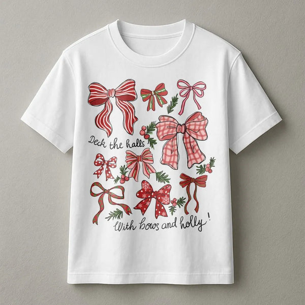 Retro Holiday Graphic Tee, Christmas Bow T-Shirt, Festive Deck the Halls Shirt, Adorable Coquette Christmas Shirt, Holiday Pr