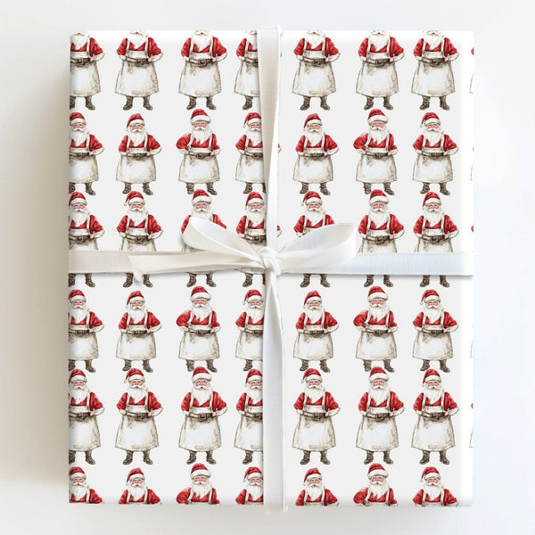 Watercolor Santa in Apron Gift Wrap, Santa Workshop Wrapping Paper, Rustic Santa Claus Christmas Paper, Holiday Party Present