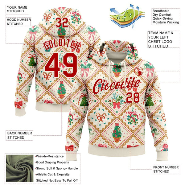 Personalized Name Number Holiday Hoodie, Custom Christmas Patchwork Hoodie, 3D Pattern Pullover Hoodie, Festive Sports Fan Sw