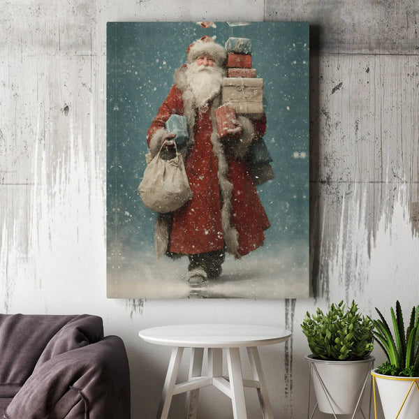 Nostalgic Winter Scene Canvas Print, Vintage Santa Claus Canvas Wall Art, Santa Presents Canvas Decor, Holiday Wall Art, Chri