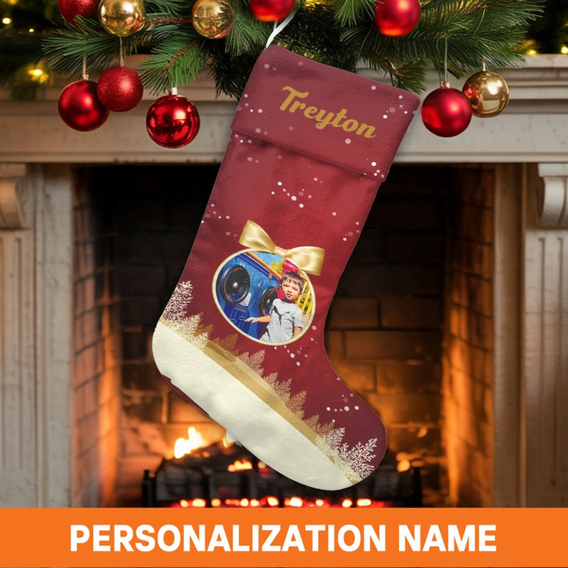 Custom Picture Christmas Stocking, Personalized Photo Christmas Stocking, Name Velboa Holiday Stocking, Custom Family Xmas Mantle Stocking