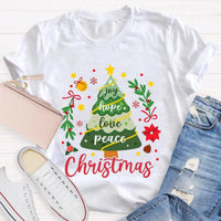 Joy Hope Love Peace Holiday Graphic Tee, Christmas Tree T-Shirt, Retro Xmas Tree Shirt, Festive Holiday Apparel Present