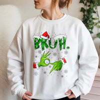 Humorous Green Monster Hands Holiday Sweater, Bruh Christmas Sweatshirt, Meme Graphic Xmas Crewneck, Retro Winter Pullover, Teen Present