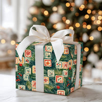 Retro Snowflake Pine Gift Wrap, Vintage Tile Christmas Wrapping Paper, Holly Berry Holiday Wrapping Paper, Nostalgic Xmas Gift Wrap Roll