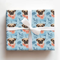 Adorable Dog Christmas Gift Wrap, Pug in Winter Scarf Wrapping Paper, Watercolor Pug Puppy Present Paper, Dog Lover Holiday Present Wrap