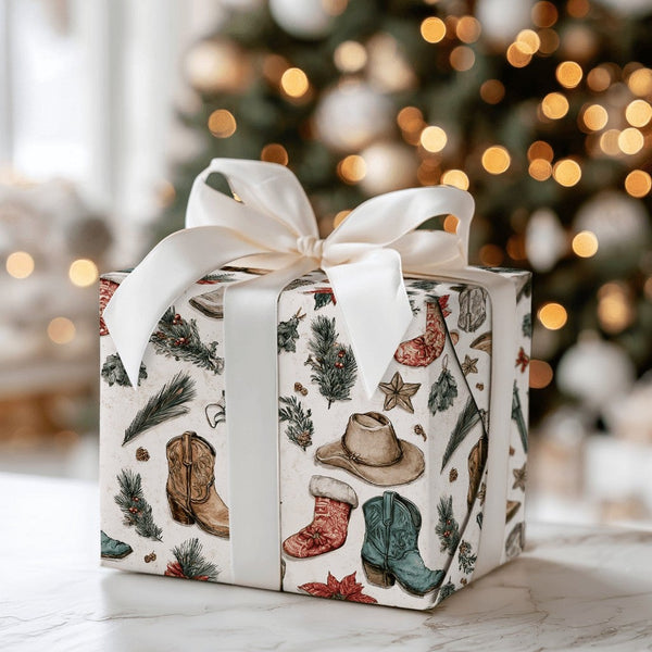 Cowboy Boots Holiday Gift Wrap, Western Christmas Wrapping Paper, Rustic Country Winter Wrapping Paper, Rodeo Christmas Gift 