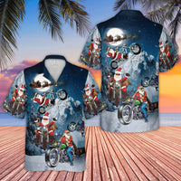 Motorcycle Santa Claus Button Up Shirt, Biker Santa Christmas Hawaiian Shirt, Humorous Holiday Biker Aloha Shirt, Tropical Xmas Party Shirt