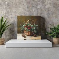 Winter Still Life Painting Canvas, Christmas Basket Square Canvas, Rustic Holiday Wall Art Canvas Print, Festive Christmas Home Decor