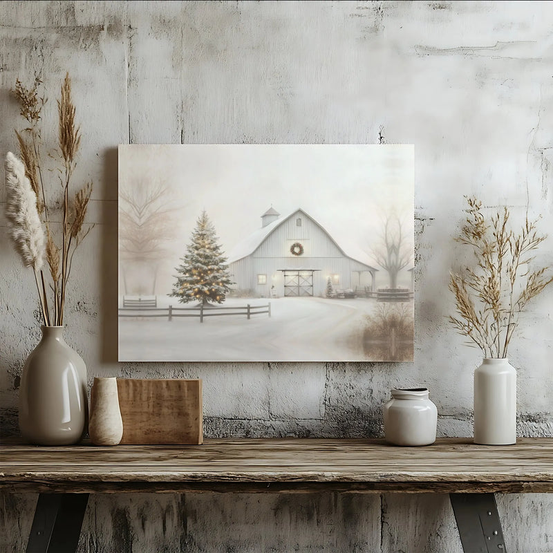 Lit Christmas Tree Canvas Print, Snowy White Barn Canvas Wall Art, Winter Scene Holiday Canvas, Rustic Farmhouse Decor, Winter Wall Present