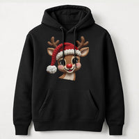 Faux Knit Red Nose Reindeer Hoodie, Reindeer Christmas Hoodie, Adorable Holiday Reindeer Graphic Hooded Sweatshirt, Xmas Present for Men and Women
