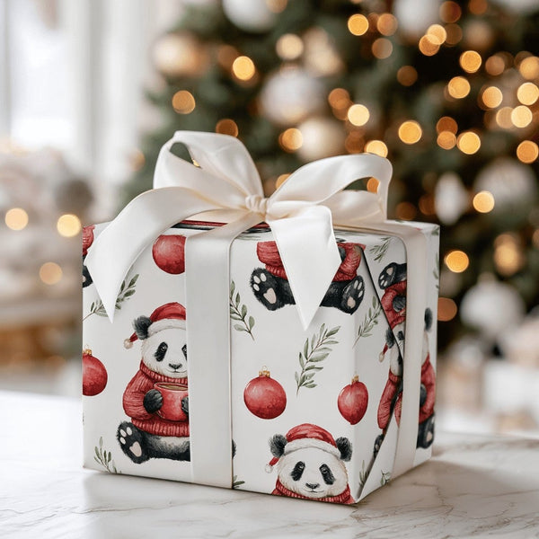 Adorable Bear Holiday Gift Wrap, Santa Hat Panda Christmas Wrapping Paper, Watercolor Christmas Panda Wrapping Paper, Winter 