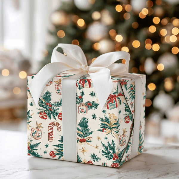 Retro Christmas Gift Wrap, Vintage Tree and Candy Cane Wrapping Paper, Traditional Holiday Wrapping Paper, Festive Winter Pre