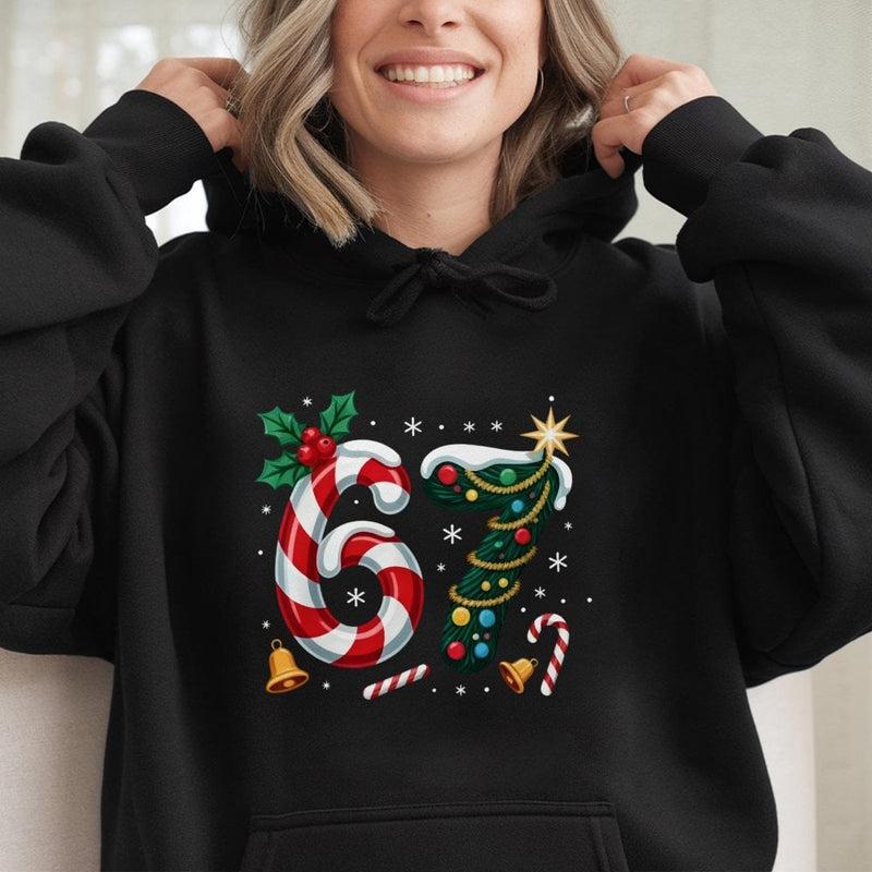 Festive Candy Cane 67th Birthday Sweatshirt, 67 Birthday Christmas Hoodie, Holiday Number 67 Hooded Pullover, Christmas Birthday Present Hoodie