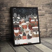 Snowy Night Town Scenery Canvas Print, Winter Village Canvas Wall Art, Comfy Christmas Wall Art, Holiday Landscape Canvas, Winter Home Decor