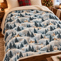 Winter Village Landscape Throw Blanket, Snowy Pine Forest Sherpa Blanket, Comfy Snow Scene Fleece Blanket, Christmas Cabin Decor Blanket