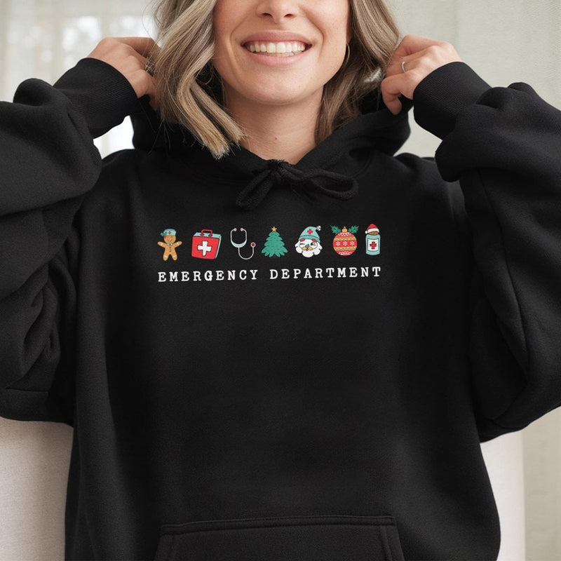 Festive ER Nurse Holiday Sweatshirt, Emergency Department Christmas Hoodie, Adorable Medical Staff Pullover, Xmas Nurse Hooded Sweater Present