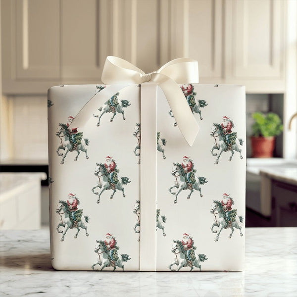 Vintage Horse Holiday Gift Wrap, Santa Claus Equestrian Christmas Wrapping Paper, Retro Country Wrapping Paper Roll, Equine L