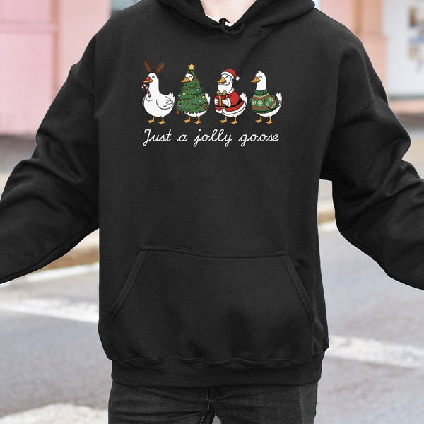 Adorable Santa Duck Christmas Graphic Hooded Sweatshirt, Just A Jolly Goose Hoodie, Silly Honk Xmas Pullover, Humorous Winter