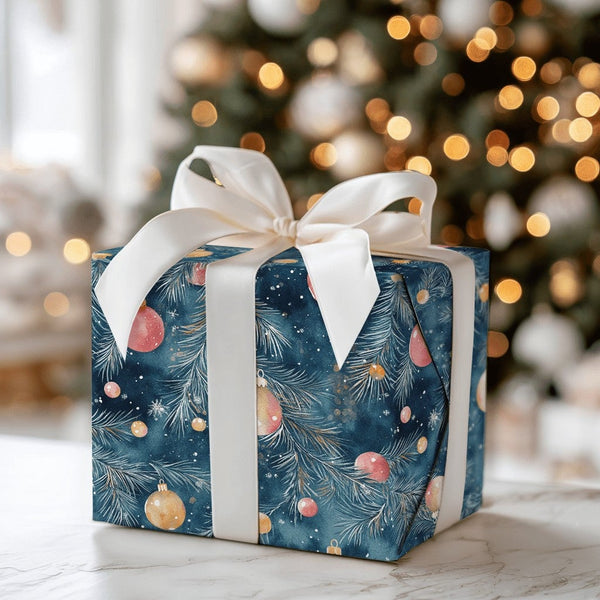 Dark Teal Christmas Gift Wrap, Red and Gold Ornament Wrapping Paper, Watercolor Pine Branch Wrapping Paper, Holiday Present W