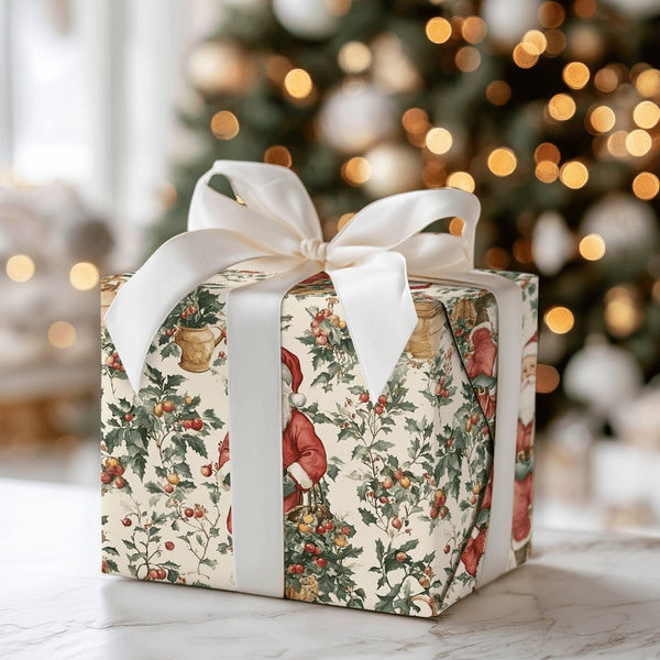 Botanical Holly Berry Santa Gift Wrap, Vintage Santa Wrapping Paper, Nostalgic Christmas Wrapping Paper, Traditional Holiday 