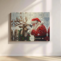 Winter Holiday Canvas Print, Santa Claus and Reindeer Canvas Wall Art, Whimsical Christmas Canvas, Festive Xmas Wall Art, Holiday Fan Present