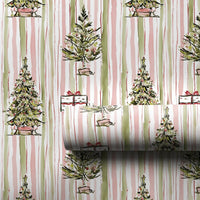 Watercolor Pink Sage Gift Wrap, Striped Christmas Tree Wrapping Paper, Holiday Presents Present Paper, Festive Xmas Wrapping Paper Roll