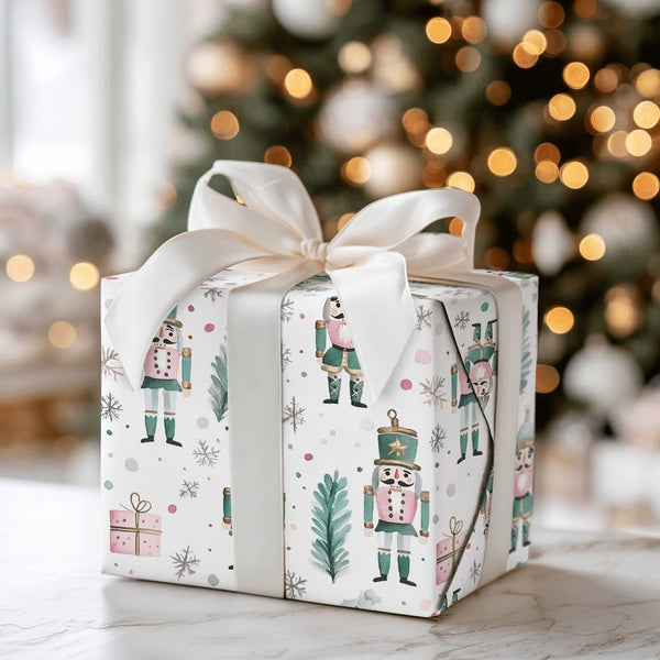 Pink and Teal Christmas Gift Wrap, Watercolor Nutcracker Wrapping Paper, Whimsical Holiday Soldier Wrapping Paper, Winter Wra