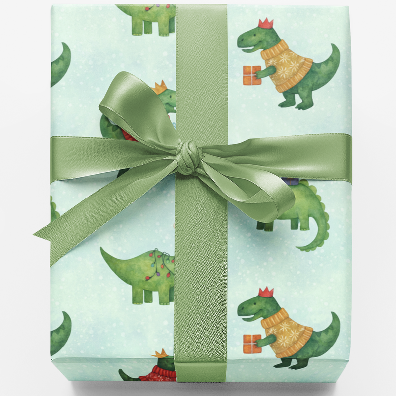 Festive T-Rex Holiday Gift Wrap, Dinosaur Christmas Wrapping Paper, Adorable Dino Xmas Wrapping Paper, Kids Holiday Present Paper Roll