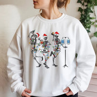 Humorous Skeleton Nurse Crewneck, Dancing Skeleton Christmas Sweatshirt, Retro Holiday Skeleton Pullover, Christmas Lights Sweater, Nurse Present