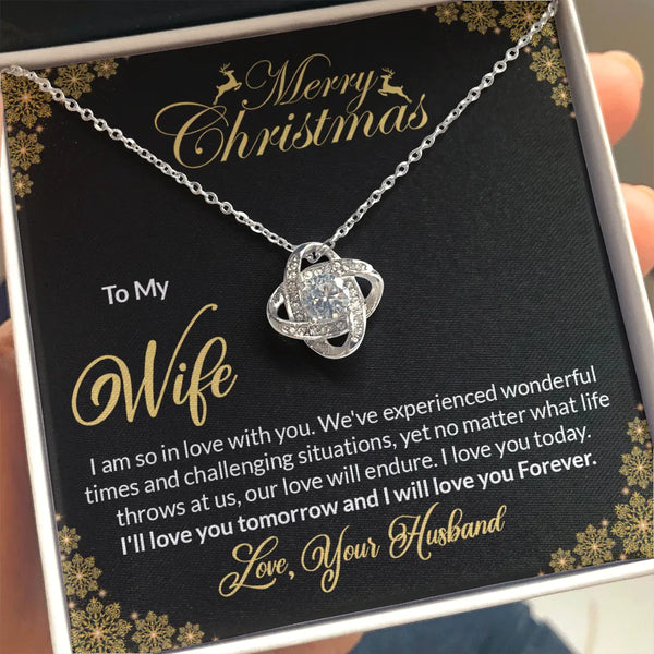 Merry Christmas Wife Pendant Necklace, Love Knot Necklace for Wife, Cubic Zirconia Love Knot Necklace, Romantic Wife Annivers