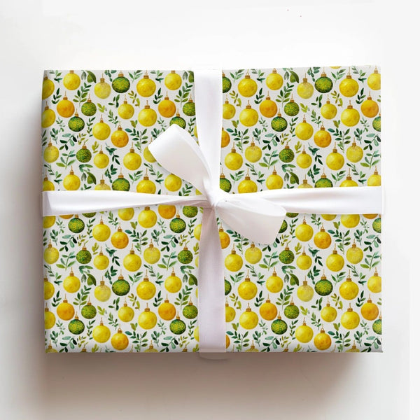 Watercolor Baubles Gift Wrap, Gold and Green Ornament Wrapping Paper, Elegant Christmas Wrapping Paper, Botanical Holiday Gif