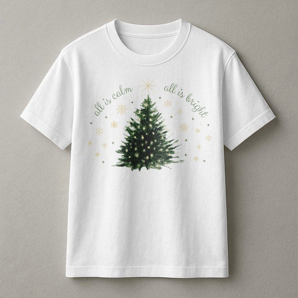 Watercolor Christmas Tree Shirt, All Is Calm All Is Bright Shirt, Christian Holiday Pine Graphic Shirt, Winter Scripture Tee,