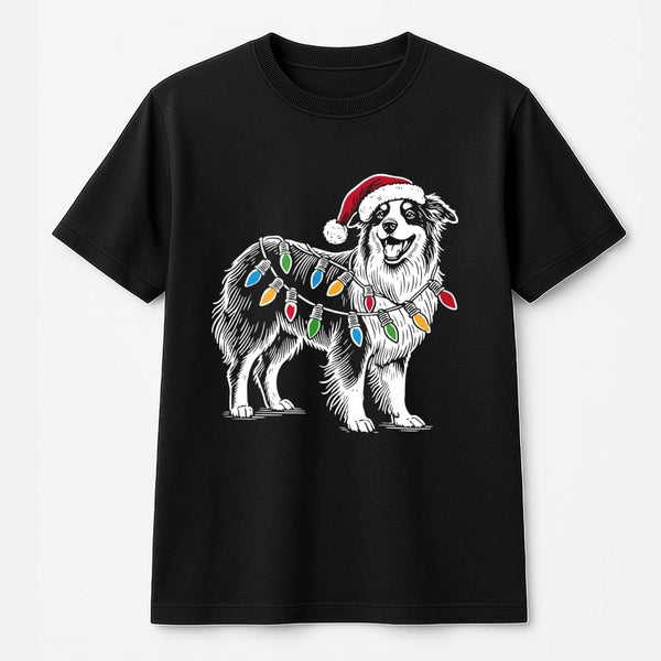 Santa Hat Aussie Dog T-Shirt, Australian Shepherd Christmas T-Shirt, Adorable Dog Lover Holiday Shirt, Festive Winter Puppy G