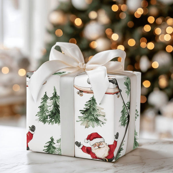 Pine Tree Santa Gift Wrap, Skateboarding Santa Wrapping Paper, Whimsical Skater Santa Wrapping Paper, Humorous Christmas Holi