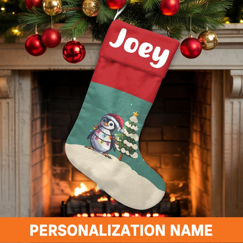 Santa Hat Holiday Stocking, Adorable Penguin Christmas Stocking, Personalized Christmas Stocking, Adorable Animal Stocking, Custom Kids Holiday Present