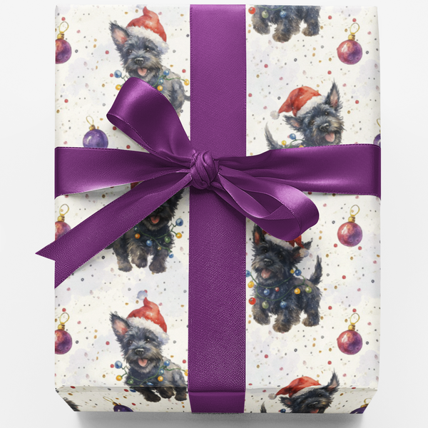 Santa Hat Pup Holiday Gift Wrap, Christmas Terrier Dog Wrapping Paper, Adorable Dog Lover Present Wrapping Paper